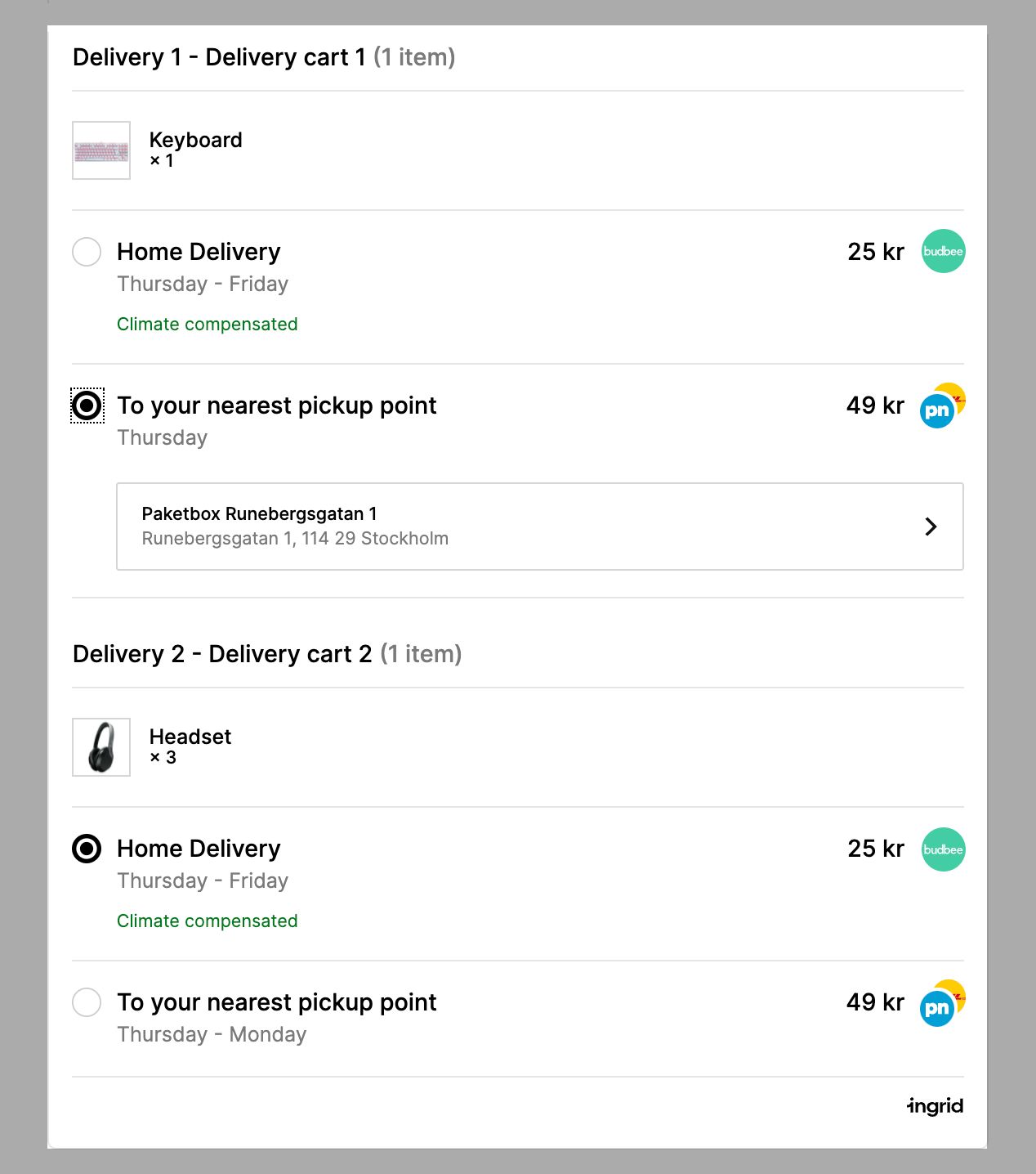 Ingrid shipping options selector widget mockup