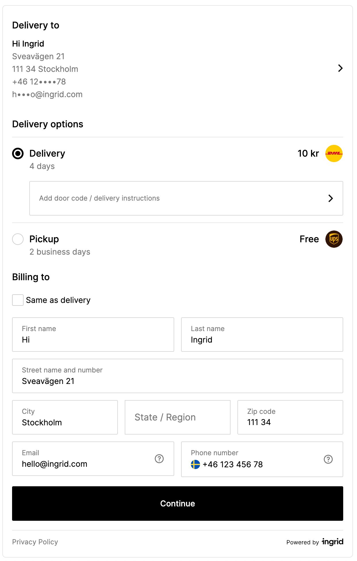 Ingrid address form billing address layout mockup