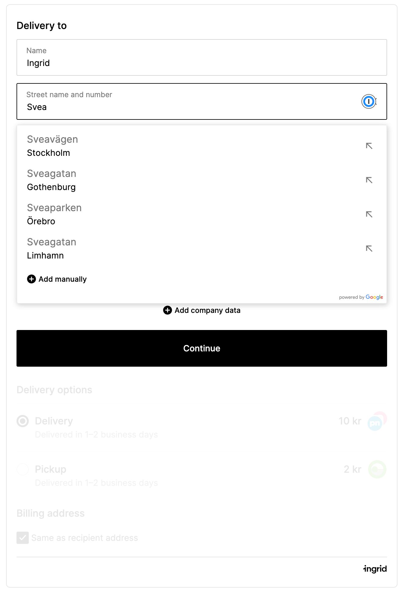 Ingrid address form autocomplete mockup