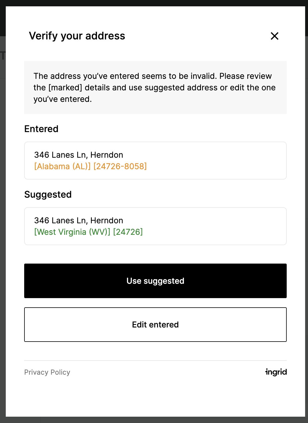 Ingrid Checkout Widget - Address Validation